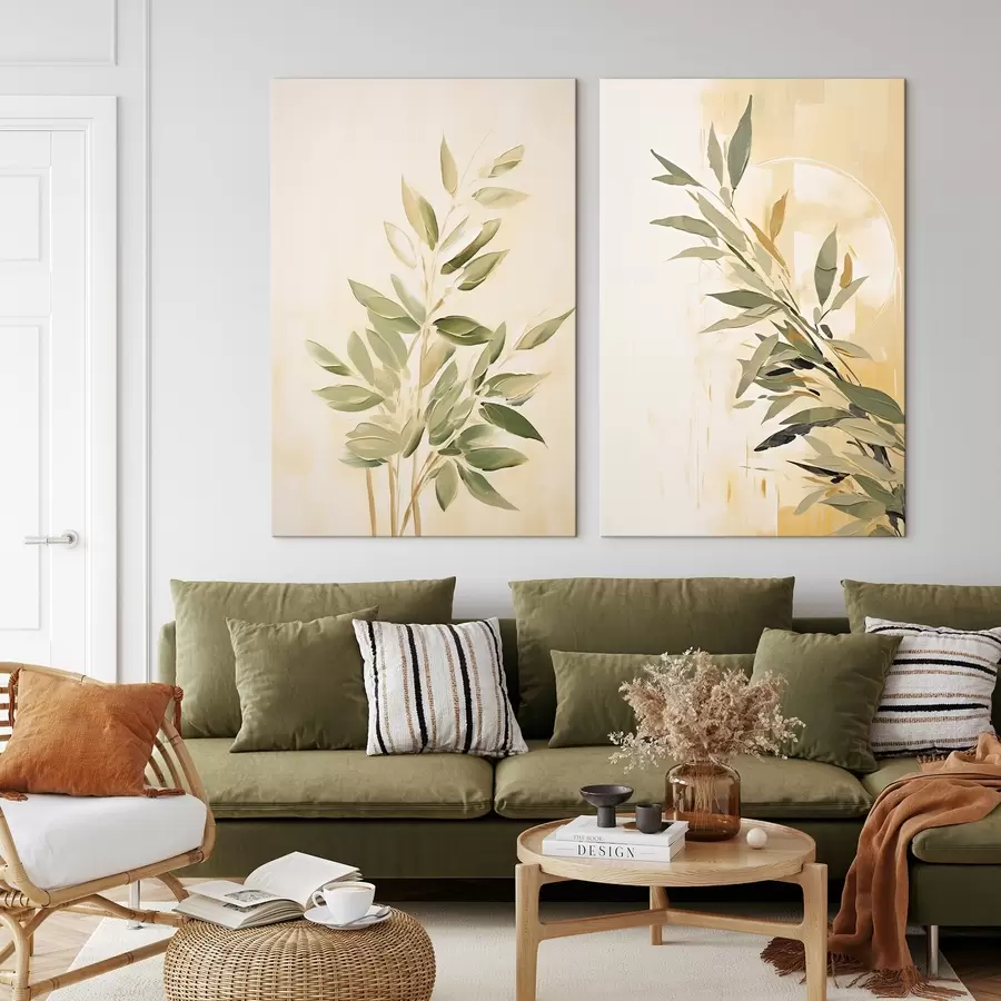  Peintures Branche botanique avec des feuilles vertes sur un fond chaud m00686