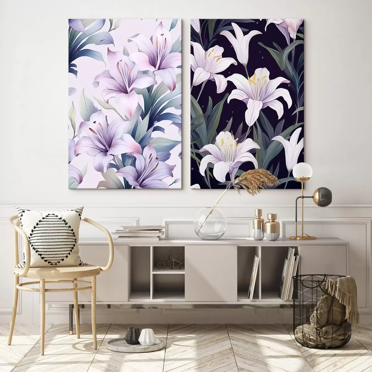  Peintures Lys roses délicats avec feuilles vertes sur fond clair et foncé m00689