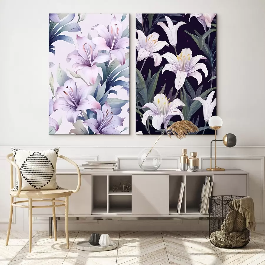  Peintures Lys roses délicats avec feuilles vertes sur fond clair et foncé m00689