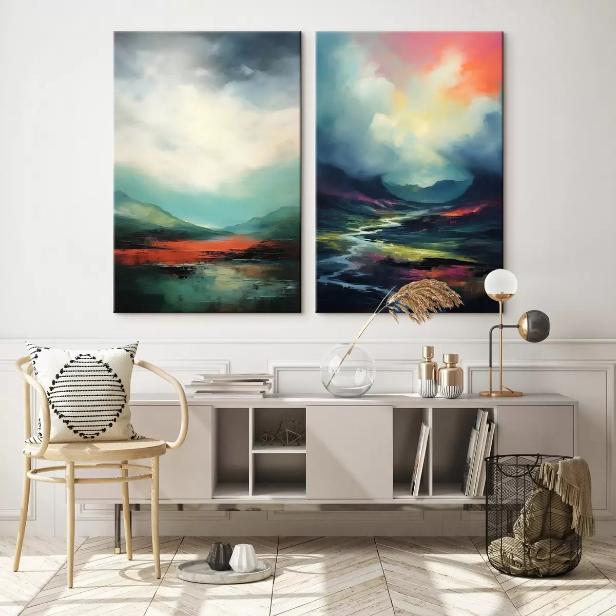  Schilderijen Abstract landschap met wolken in turquoise en rode tinten m00691
