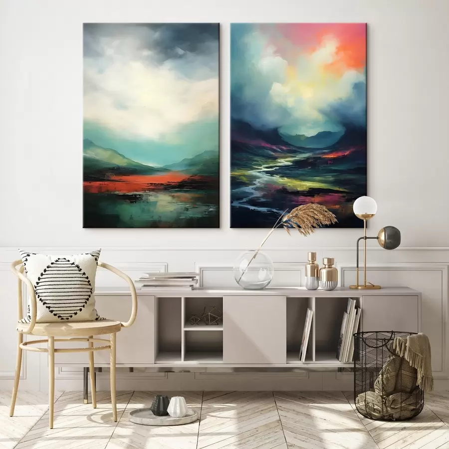  Peintures Paysage abstrait avec nuages dans les tons turquoise et rouge m00691