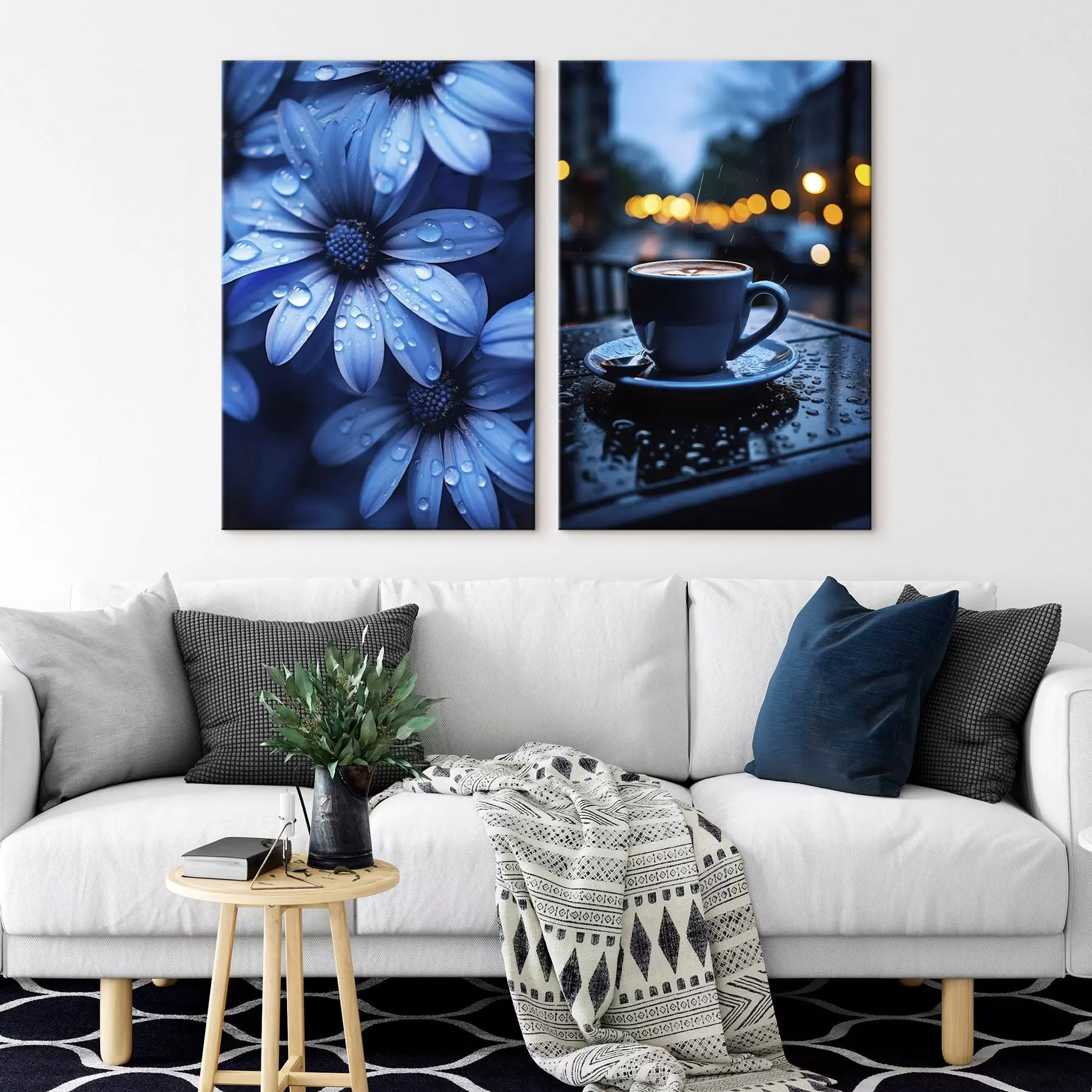  Peintures Fleurs bleues avec gouttes d'eau et tasse de café sous la pluie m00694