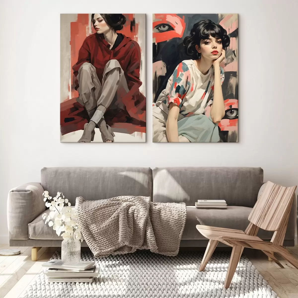  Peintures Portraits de filles dans des styles abstraits rouge et beige m00695