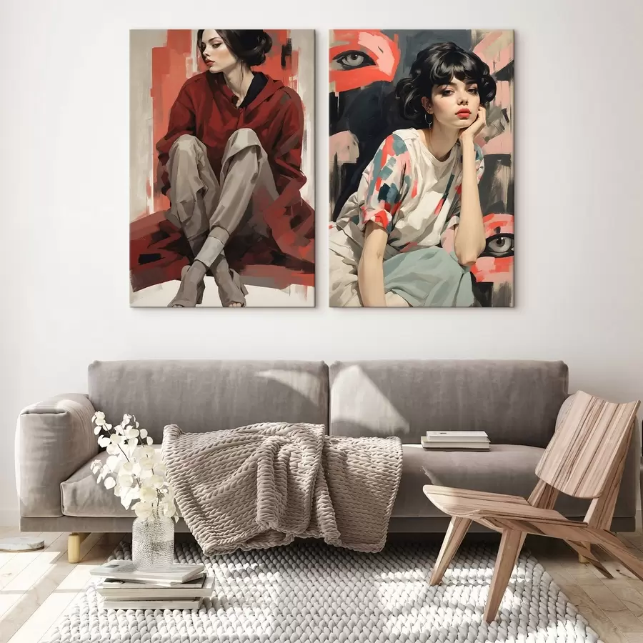  Peintures Portraits de filles dans des styles abstraits rouge et beige m00695