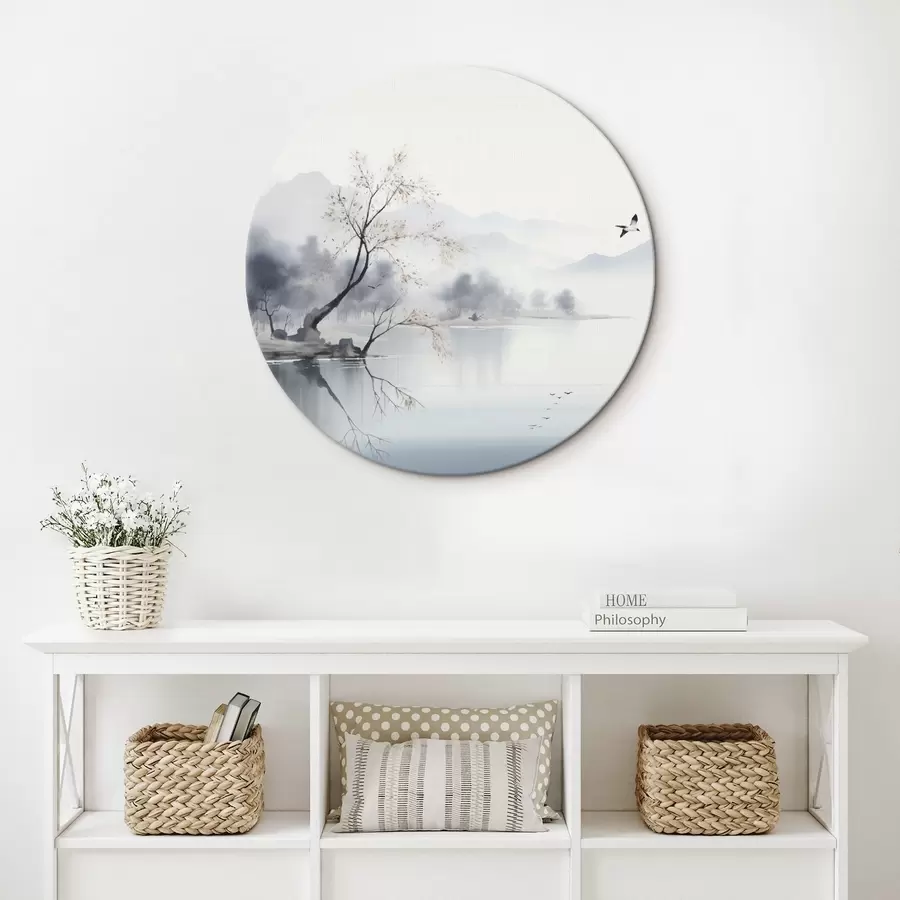  Peintures Paysage brumeux avec un arbre, des montagnes et des oiseaux r45518