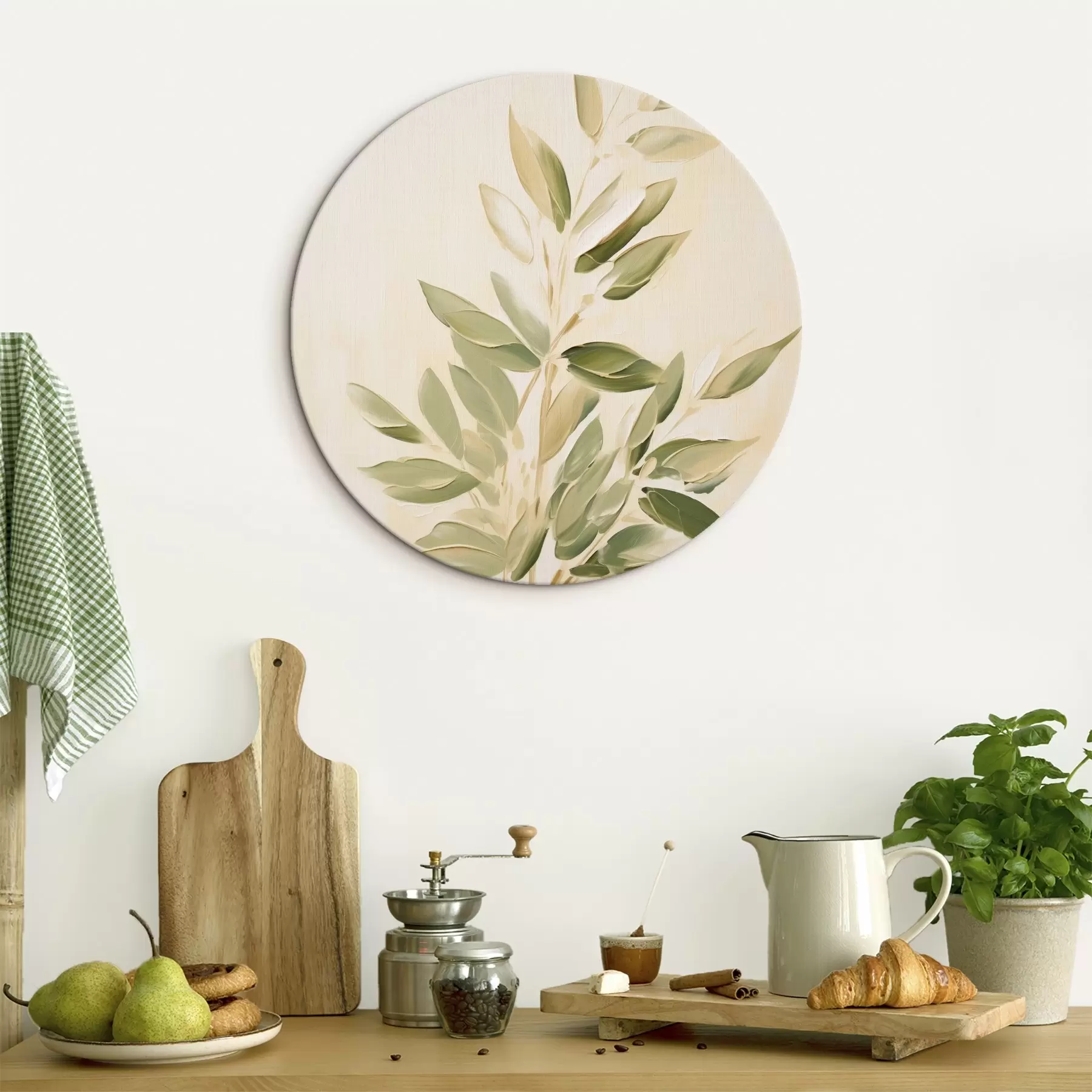  Schilderijen Tak met groene bladeren op een lichtbeige achtergrond r45689