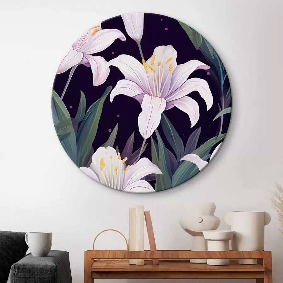  Schilderijen Delicate lelies op een donkere achtergrond met groene bladeren r45697