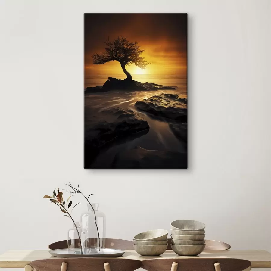  Peintures Arbre solitaire sur une falaise au coucher du soleil s45524