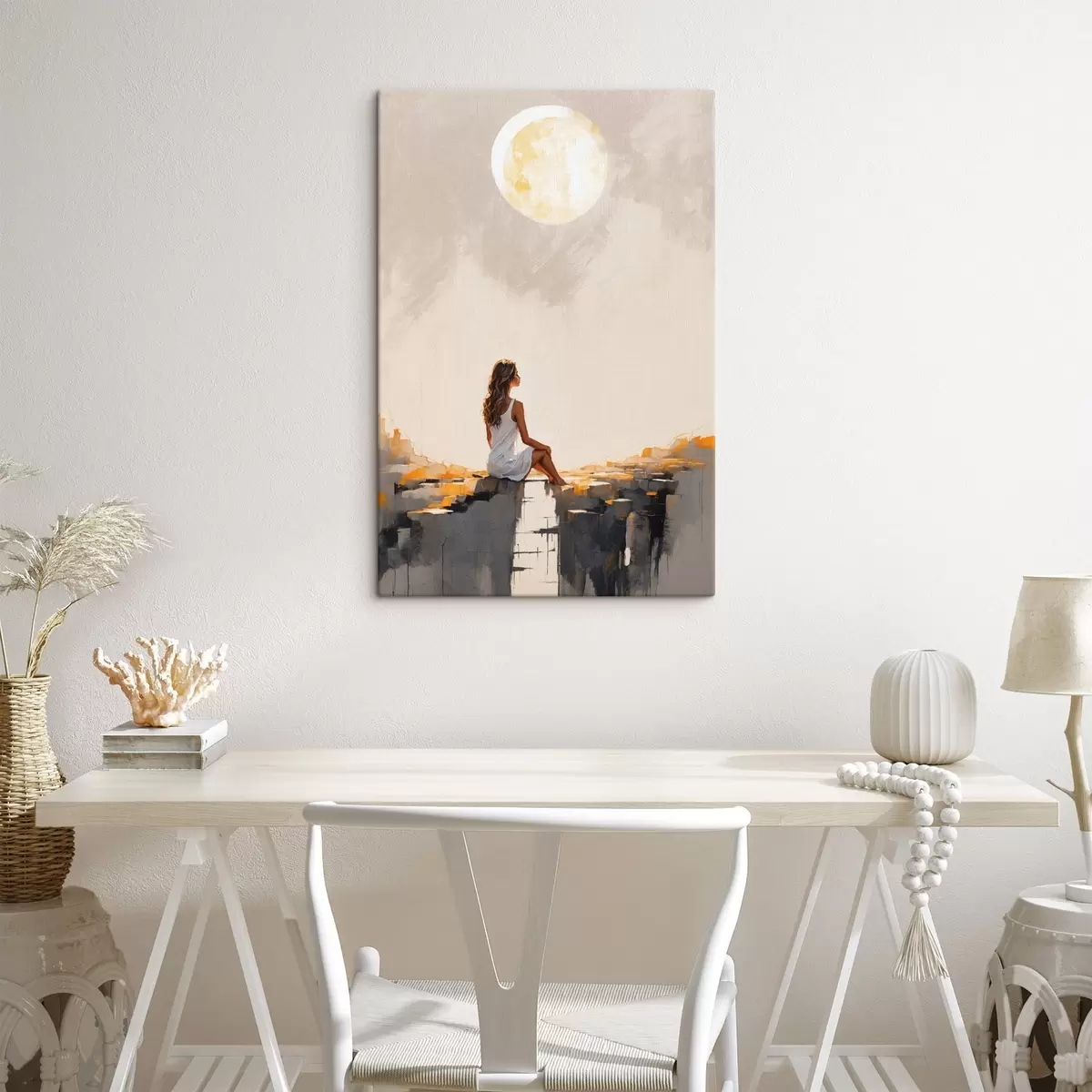  Schilderijen Meisje in een witte jurk zittend onder een grote maan s45621