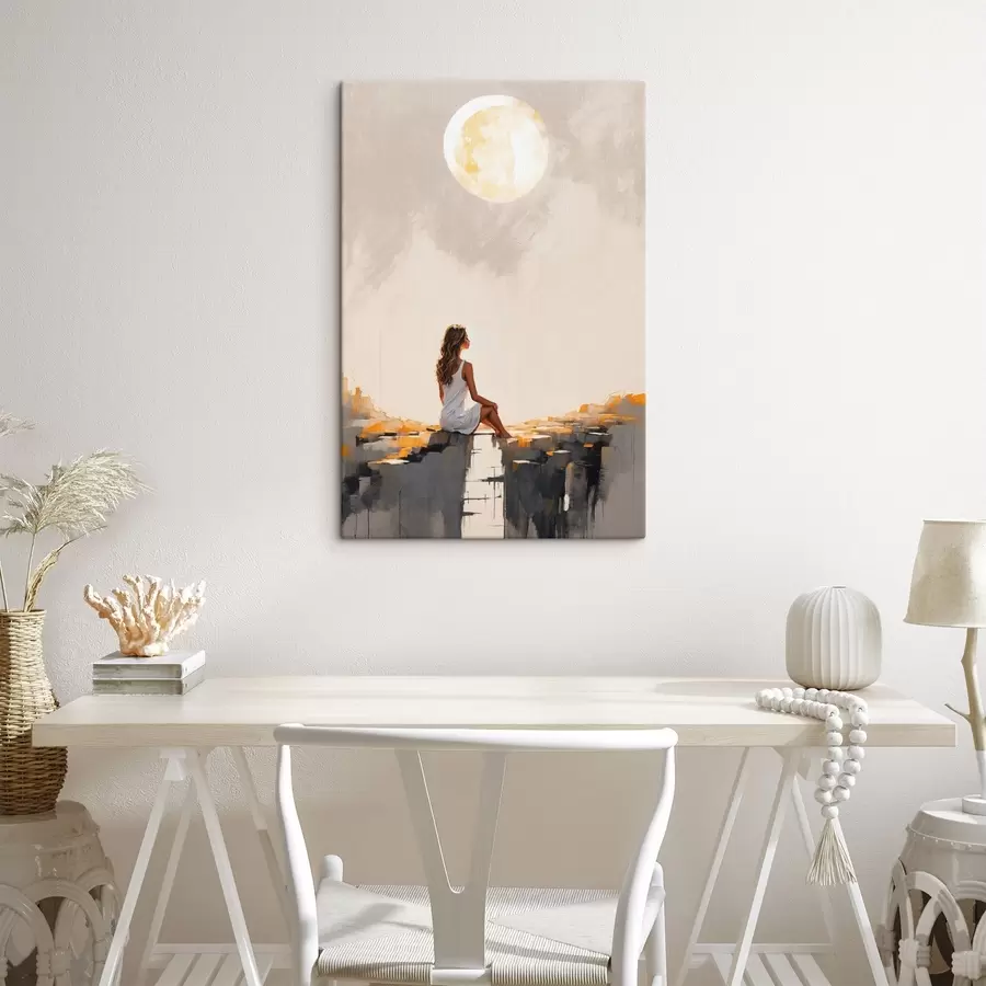  Schilderijen Meisje in een witte jurk zittend onder een grote maan s45621
