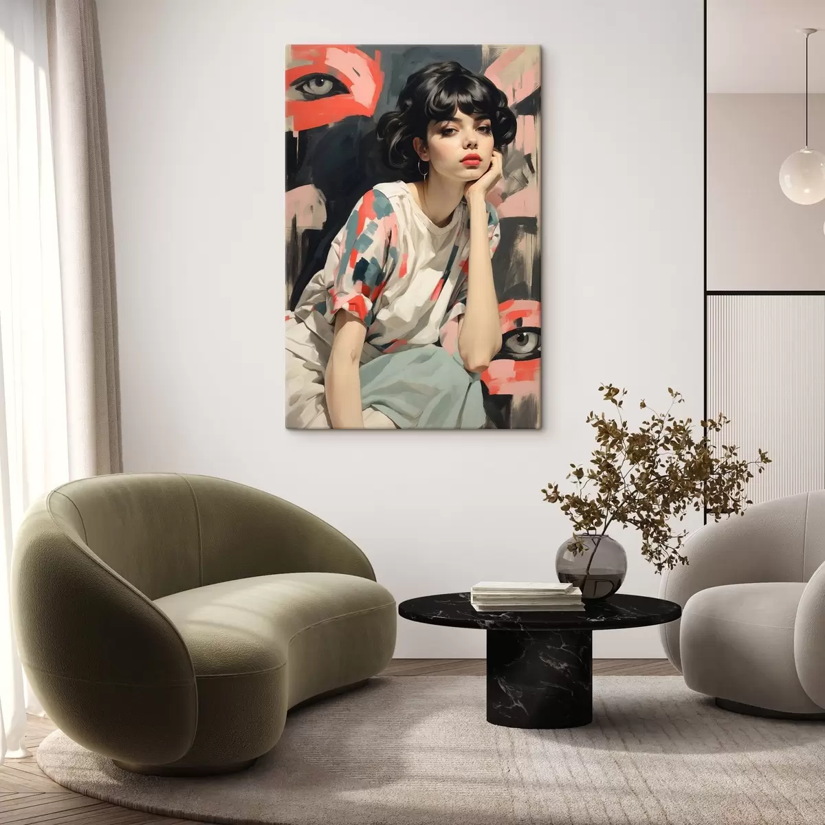  Schilderijen Portret van een meisje tegen een achtergrond met ogen en abstracte streken s45623