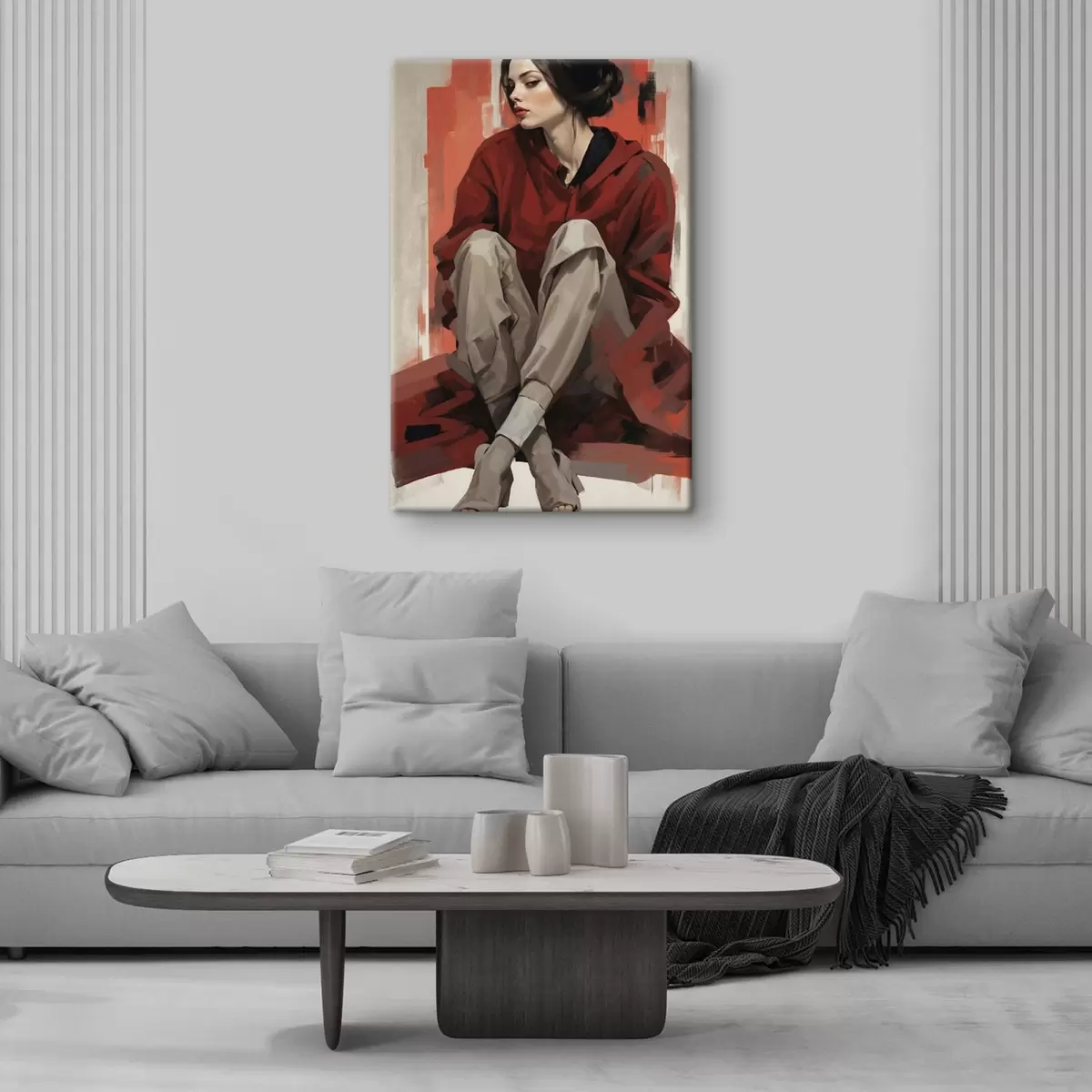  Schilderijen Meisje in een rode mantel zittend met gevouwen benen s45624