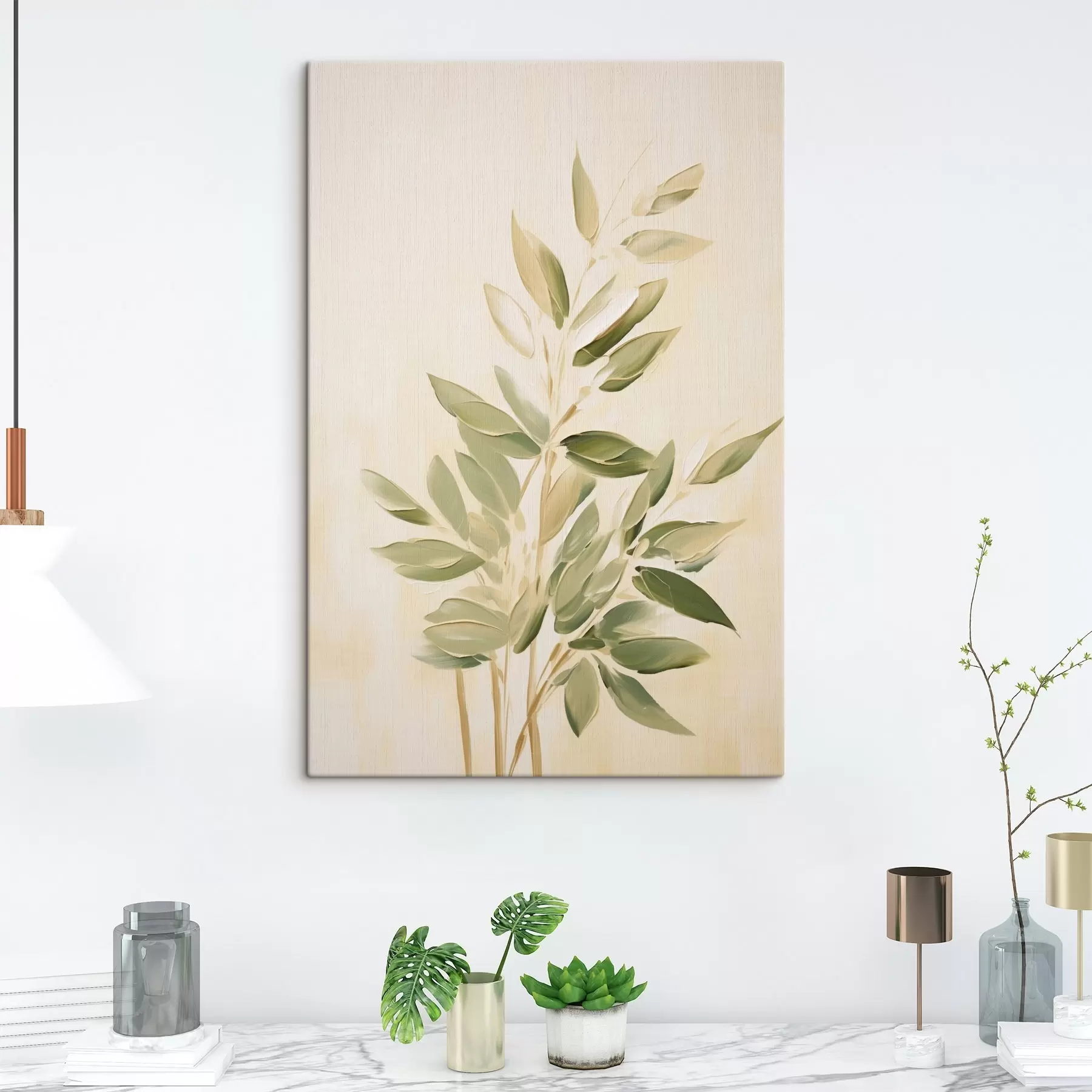  Peintures Branche avec des feuilles vertes sur un fond beige clair s45689