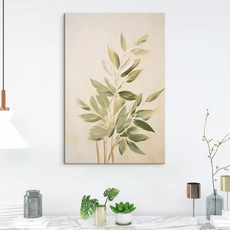  Schilderijen Tak met groene bladeren op een lichtbeige achtergrond s45689