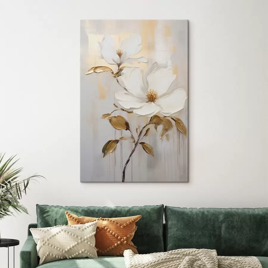  Peintures Deux fleurs blanches avec des feuilles jaune-orange sur un fond clair s45691