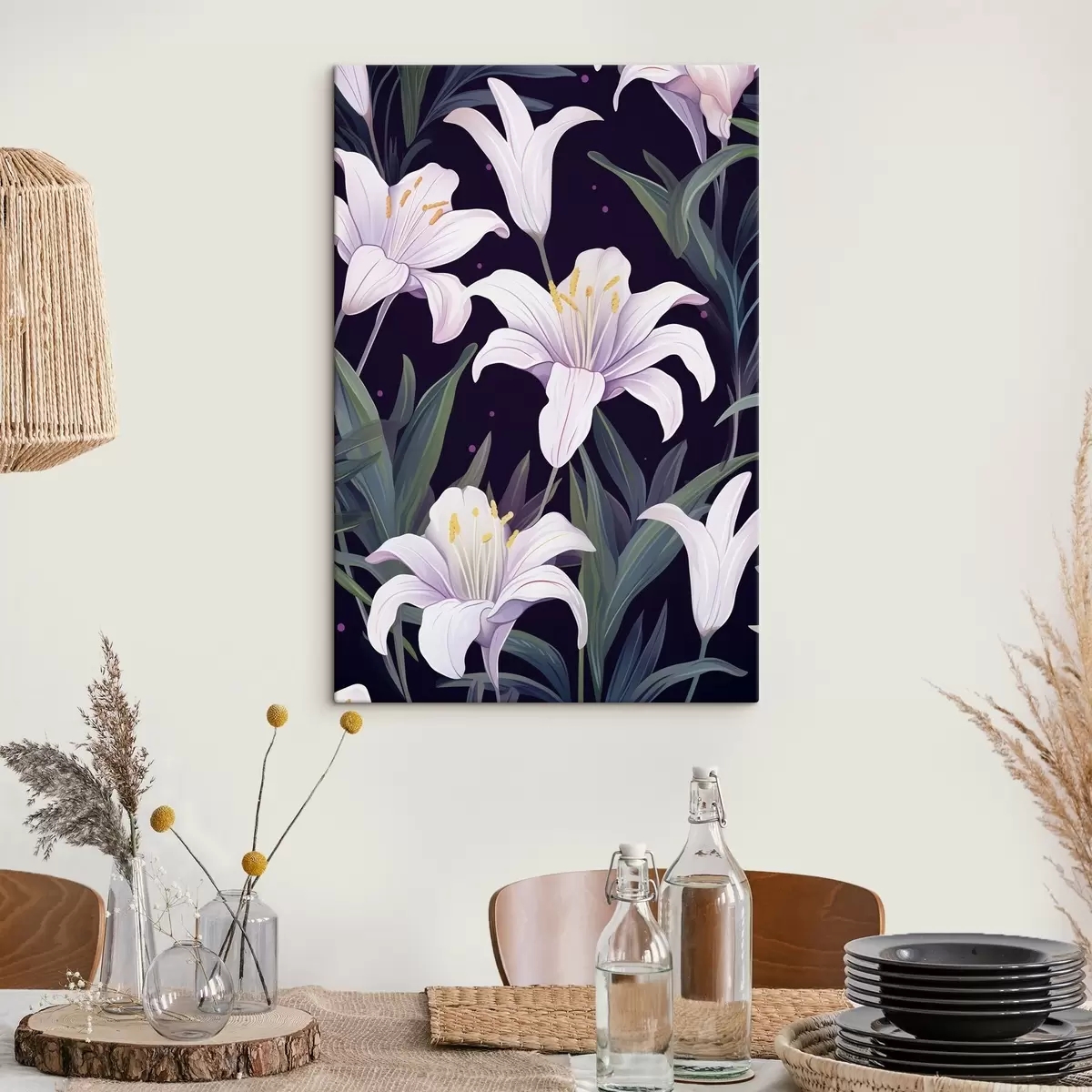  Peintures Lys délicats sur un fond sombre avec des feuilles vertes s45697