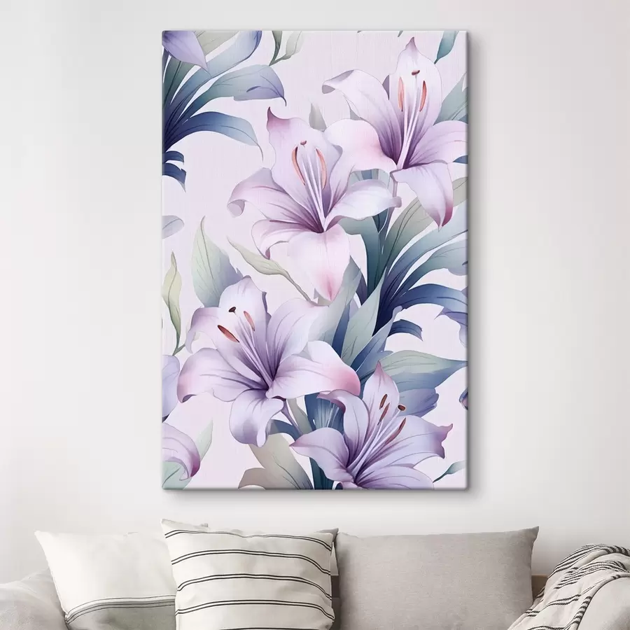  Schilderijen Grote roze-paarse lelies met groene bladeren s45698