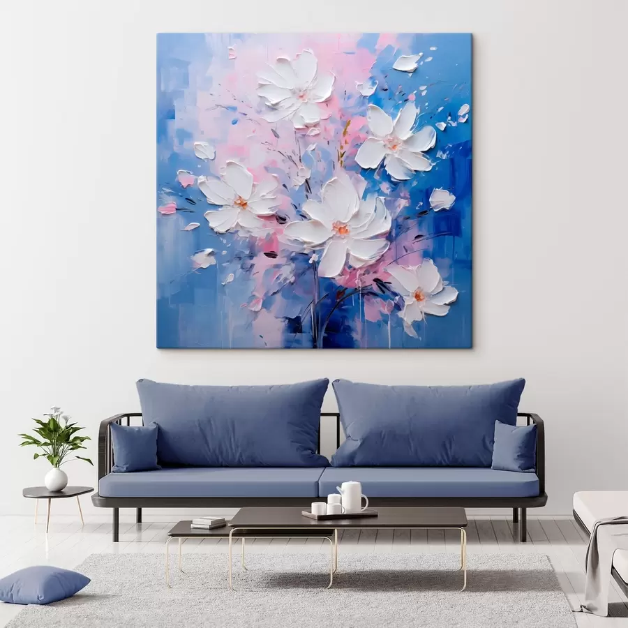  Schilderijen Volumetrische bloemen op een blauwe achtergrond in impasto stijl s45648