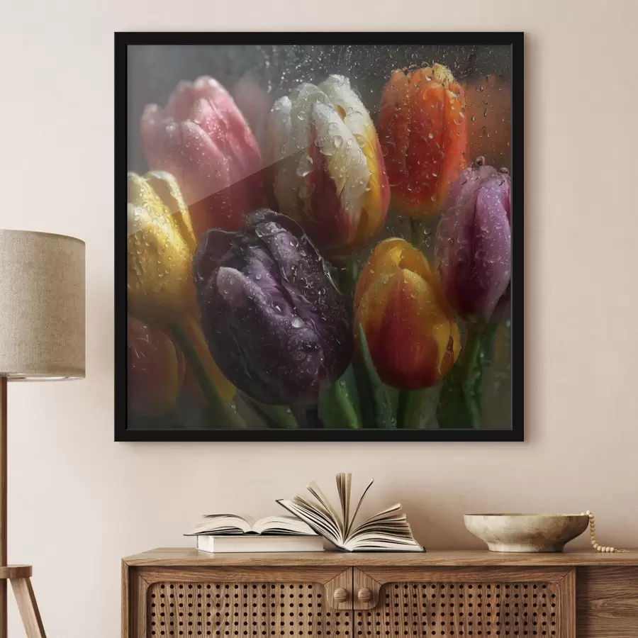 Fotobehang Tulpen in de regen: heldere kleuren f45642