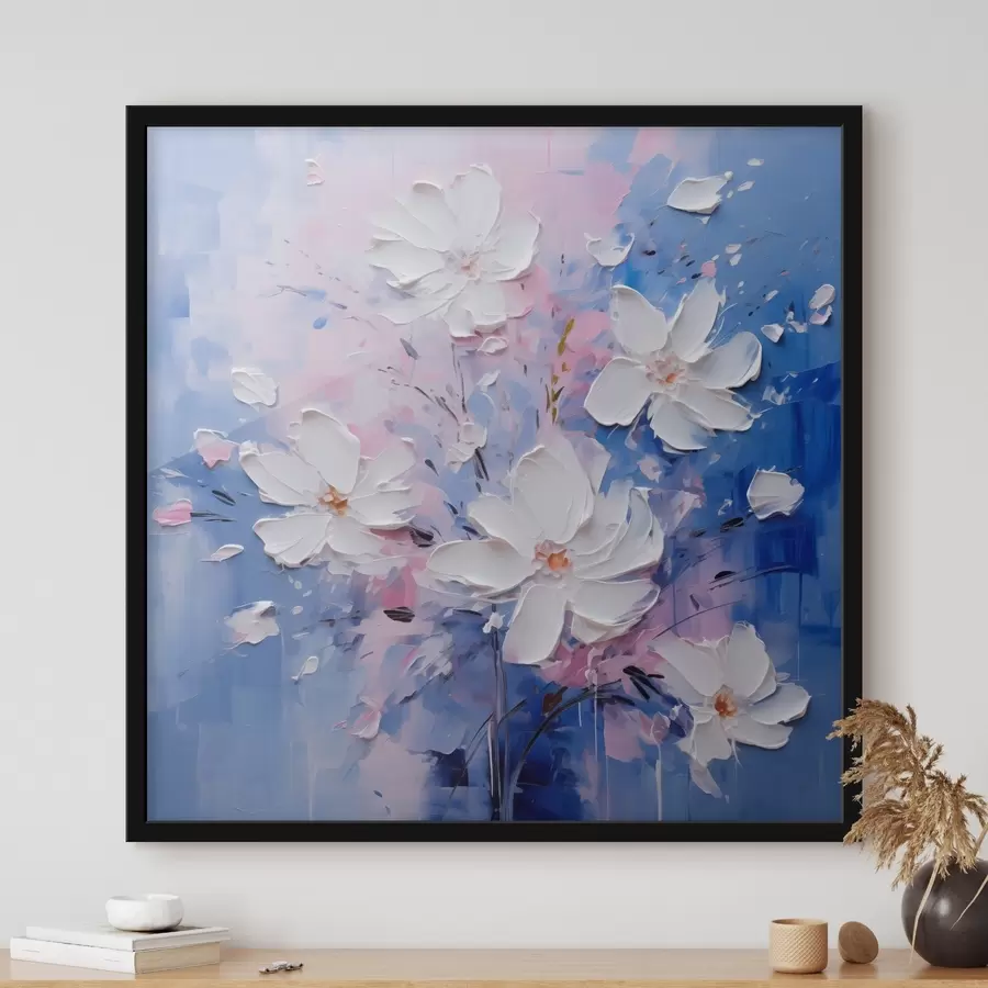 Fotobehang Volumetrische bloemen op een blauwe achtergrond in impasto stijl f45648