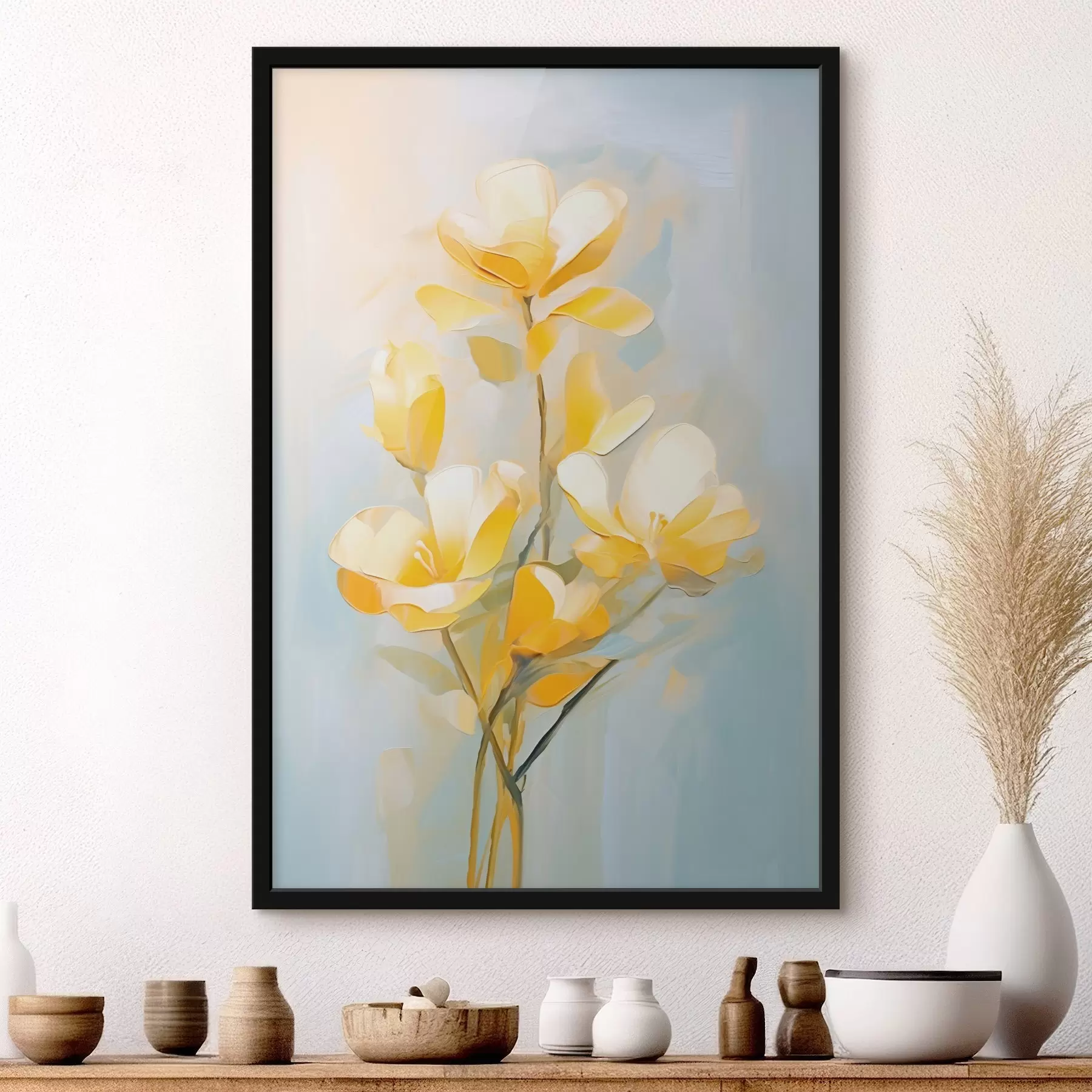 Fotobehang Delicate gele bloemen in olieverfschilderijstijl f45651