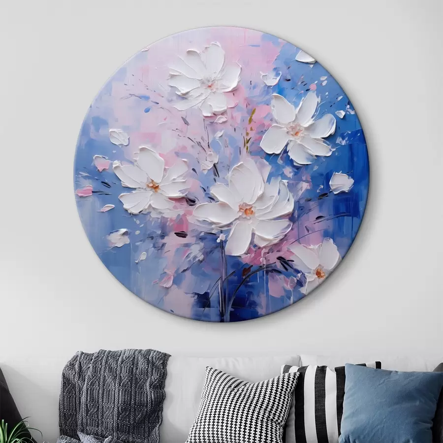  Schilderijen Volumetrische bloemen op een blauwe achtergrond in impasto stijl r45648