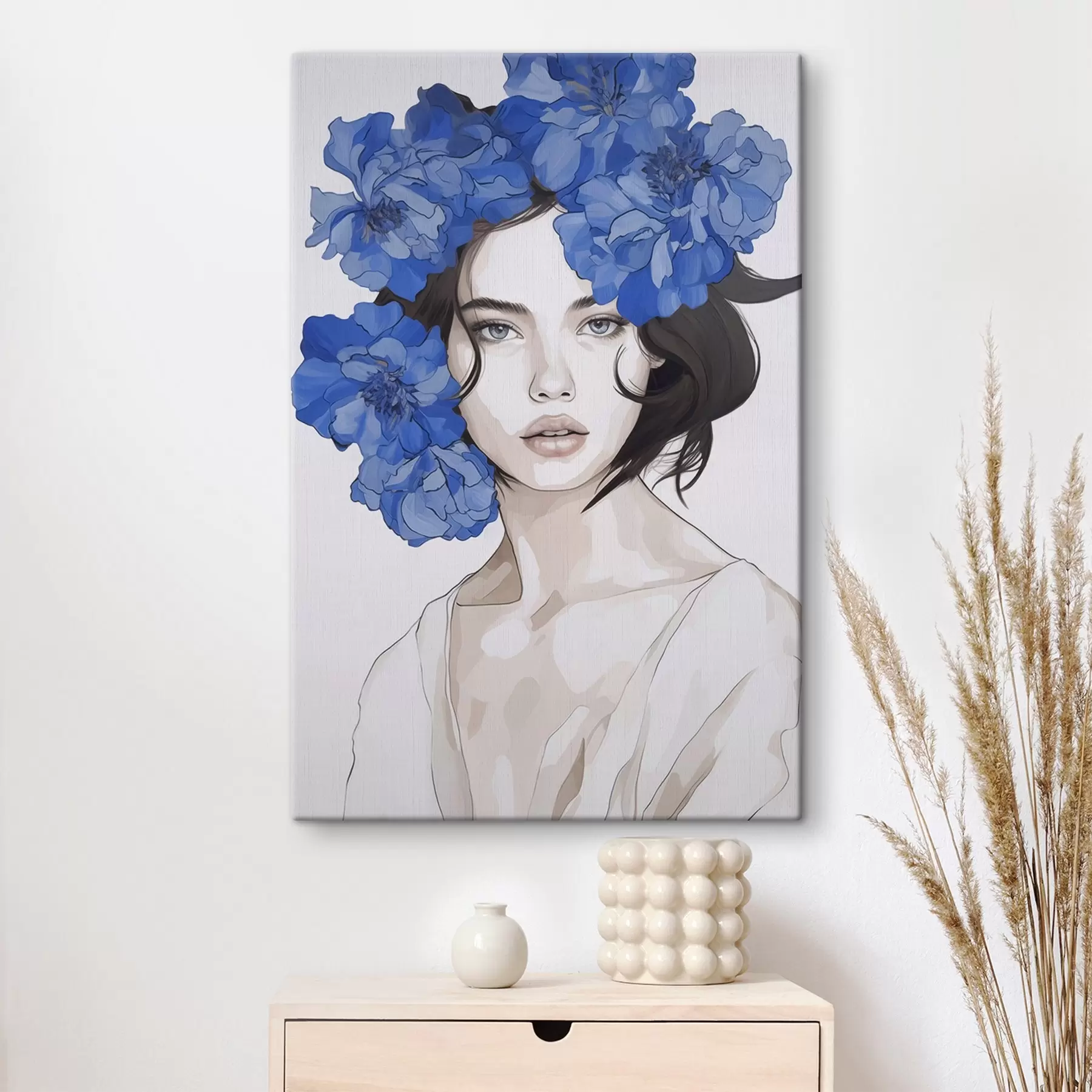  Schilderijen Portret van een meisje met blauwe bloemen s45756