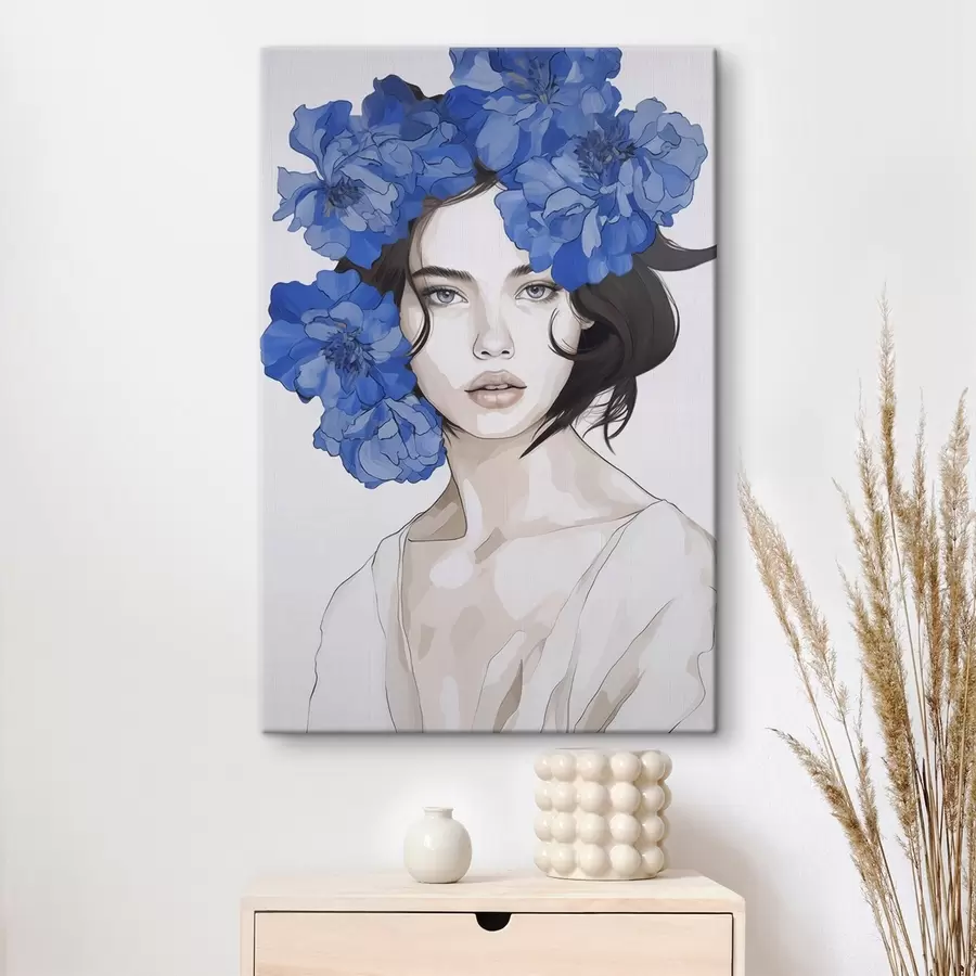  Peintures Portrait d'une jeune fille avec des fleurs bleues s45756