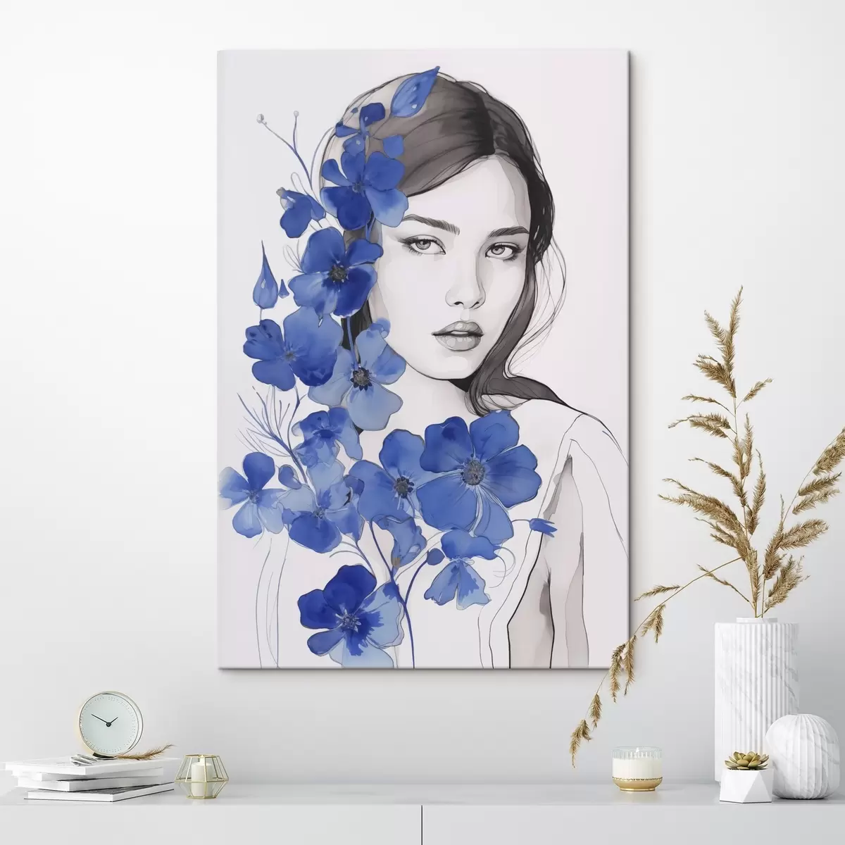  Peintures Fille et fleurs bleues s45757