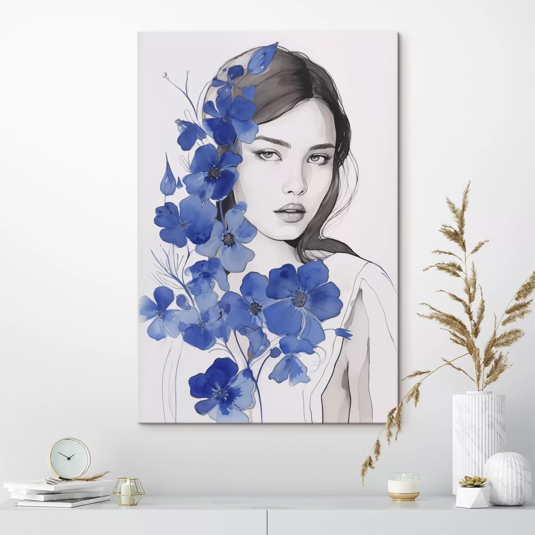  Schilderijen Meisje en blauwe bloemen s45757