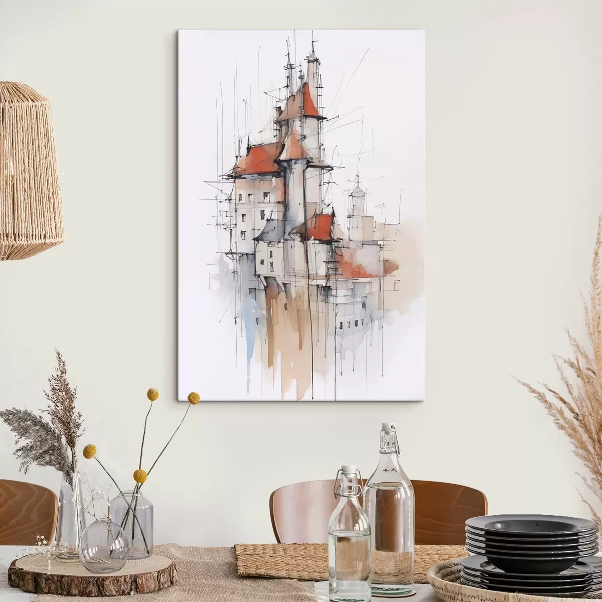  Schilderijen Huizen imitatie schets en aquarel s45764