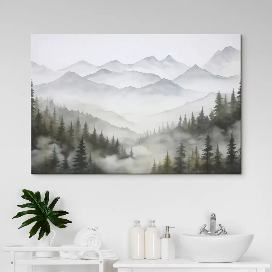  Peintures Forêt dans le brouillard devant les montagnes s45774