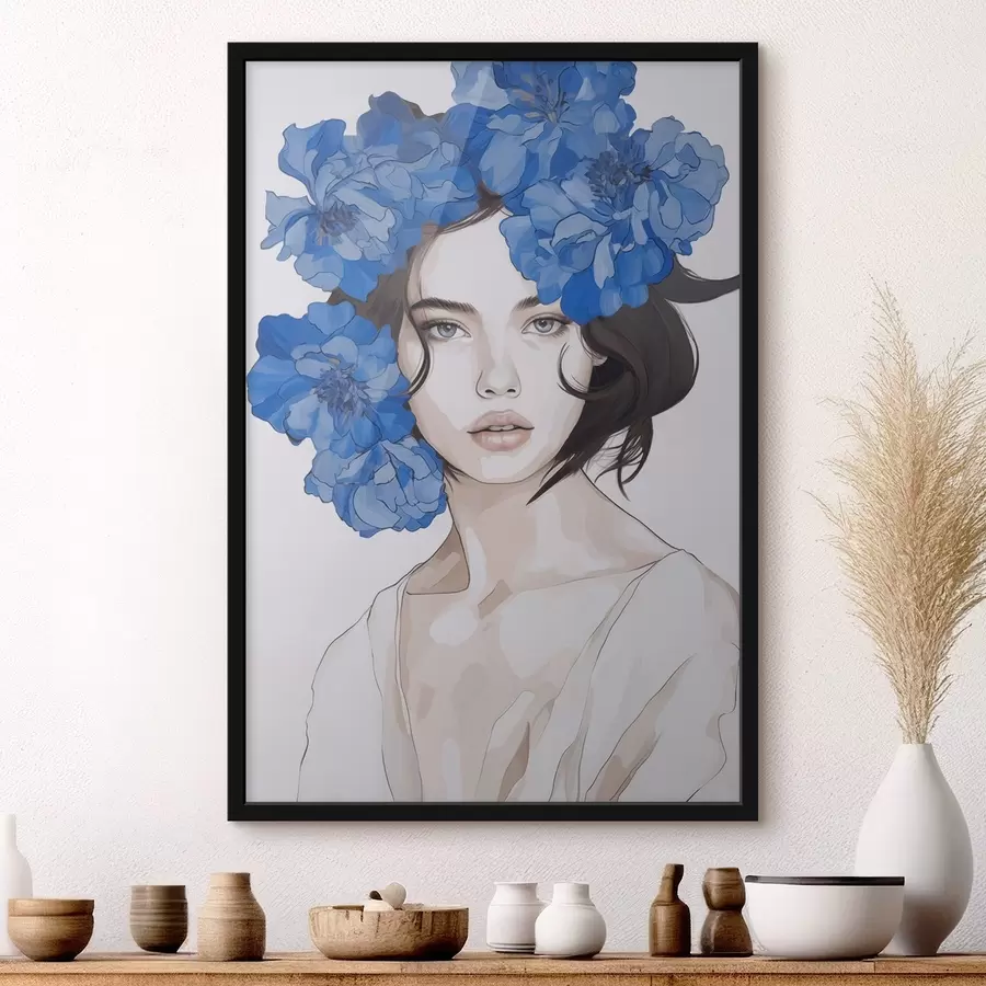 Fotobehang Portret van een meisje met blauwe bloemen f45756