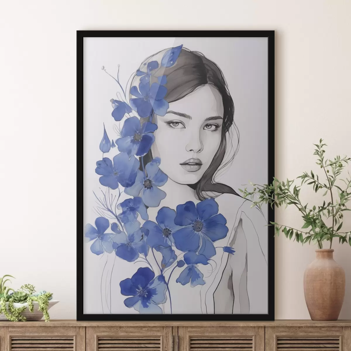 Affiche Fille et fleurs bleues f45757