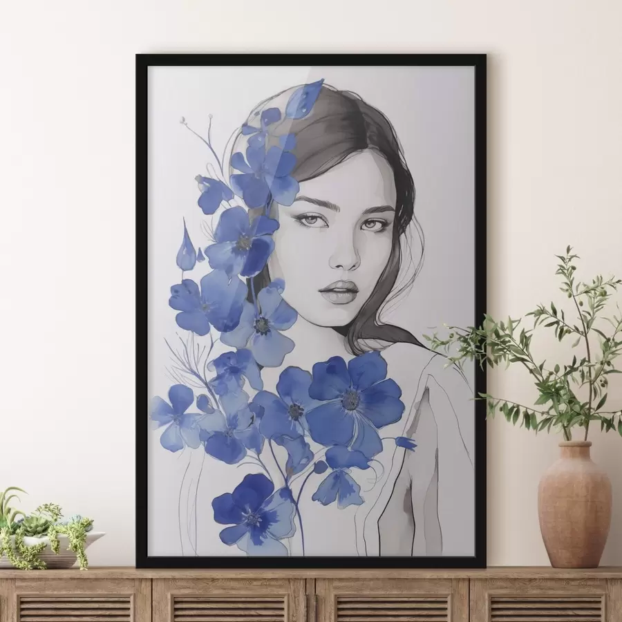 Fotobehang Meisje en blauwe bloemen f45757