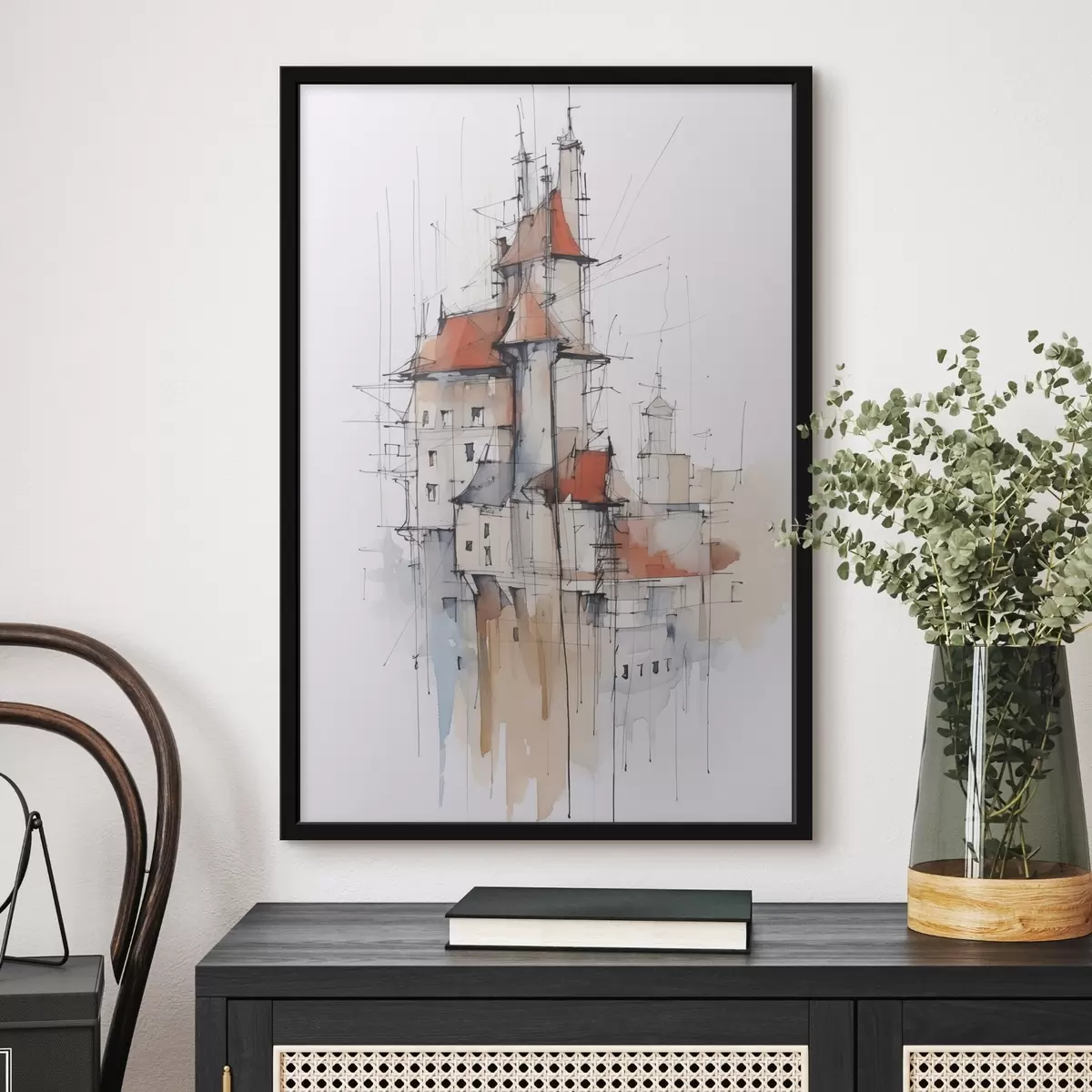 Poster Huizen imitatie schets en aquarel f45764