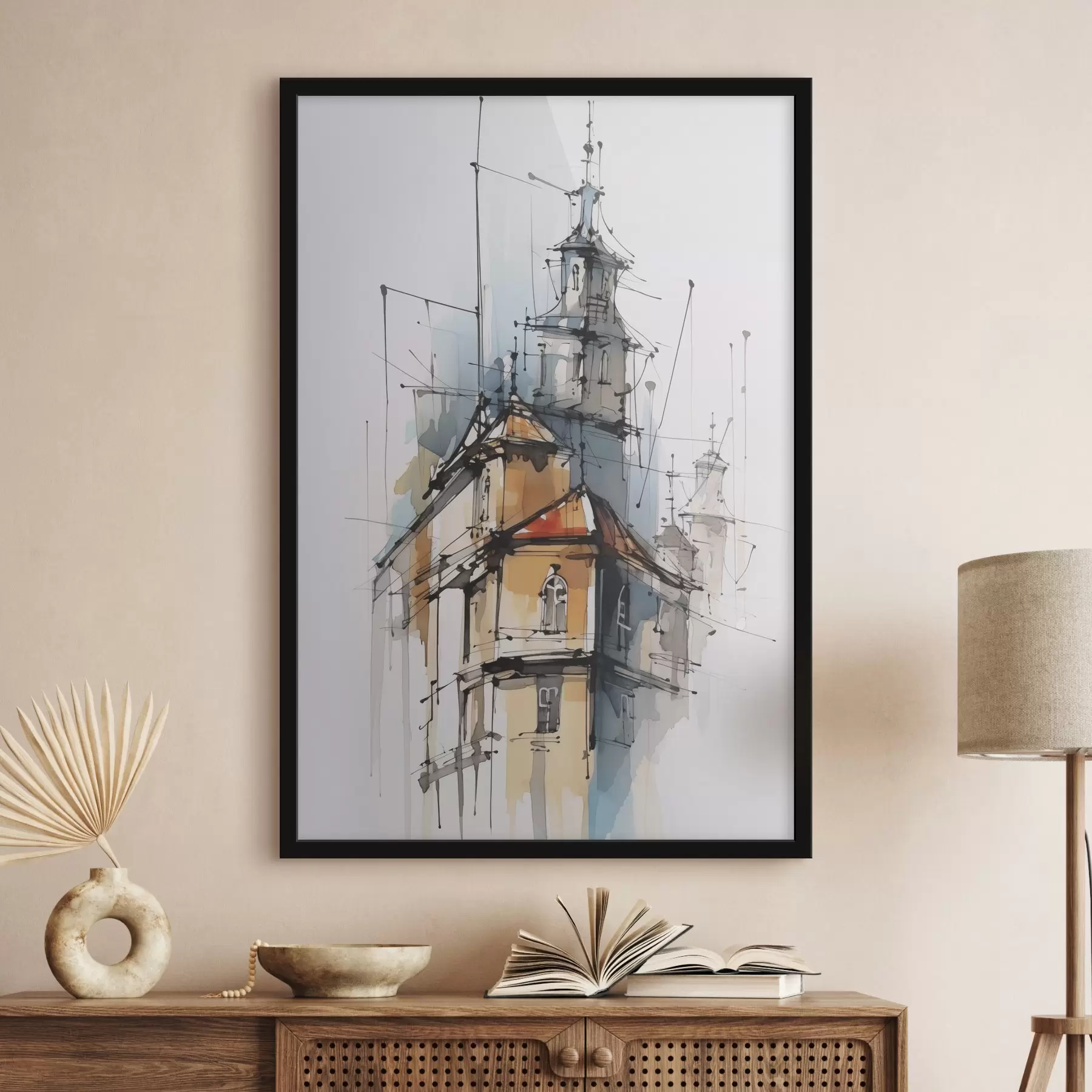 Fotobehang Huizen imitatie schets en aquarel f45765