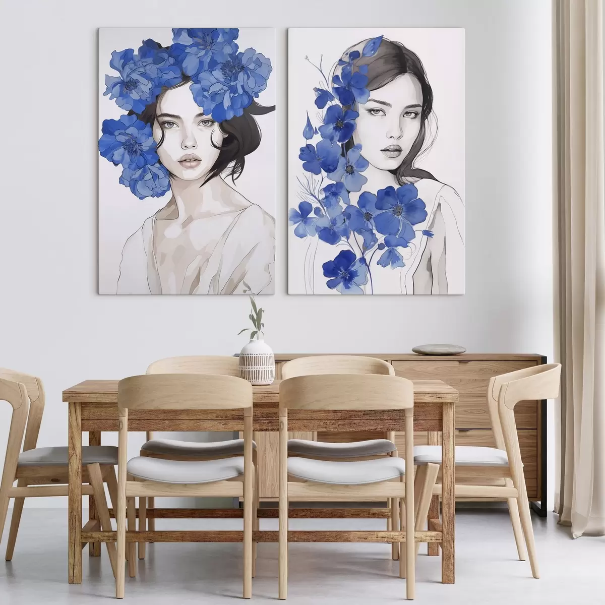  Peintures Portrait d'une jeune fille avec des fleurs bleues m00721