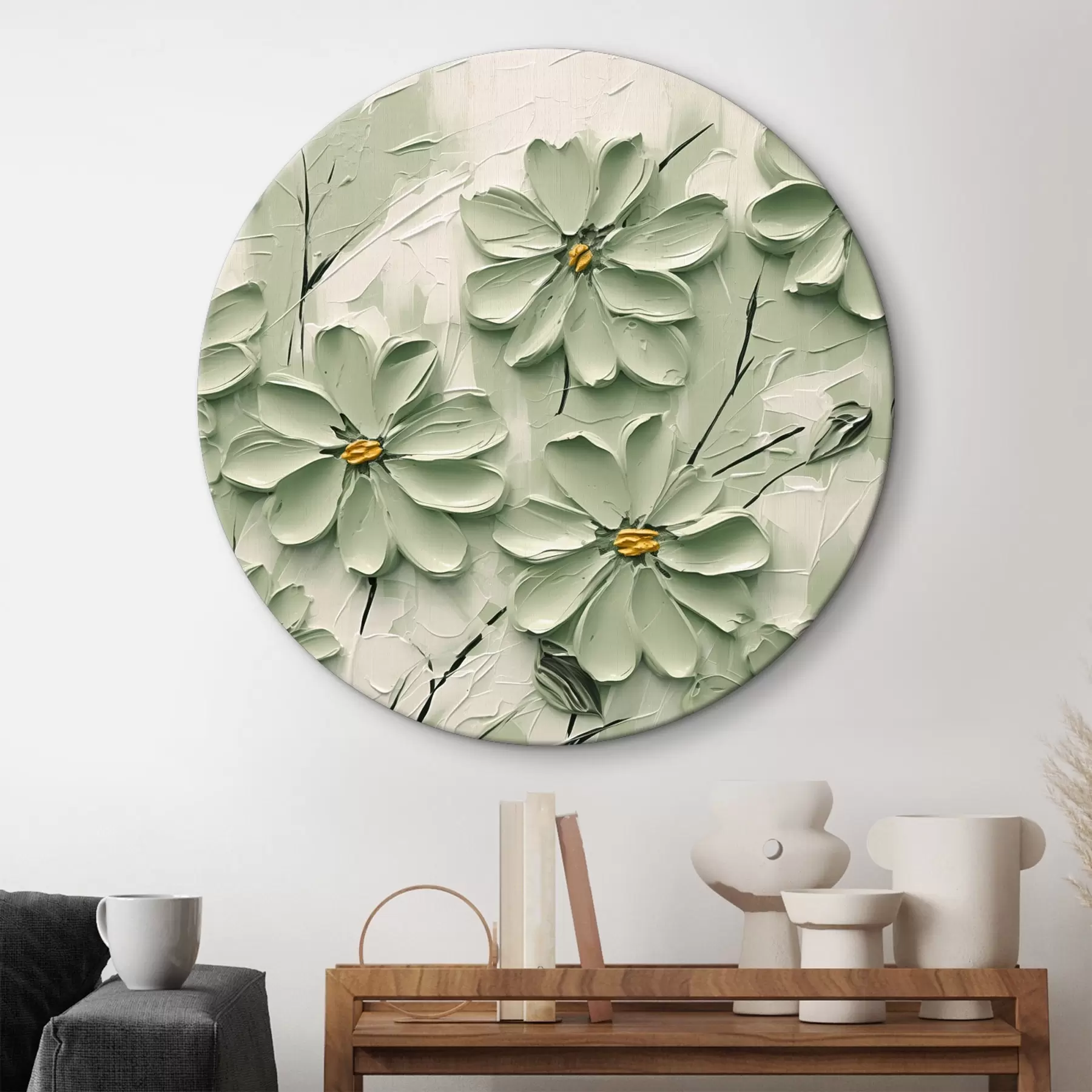  Schilderijen Groene bloemen met gele harten geschilderd in dikke penseelstreken op een lichte achtergrond r45265