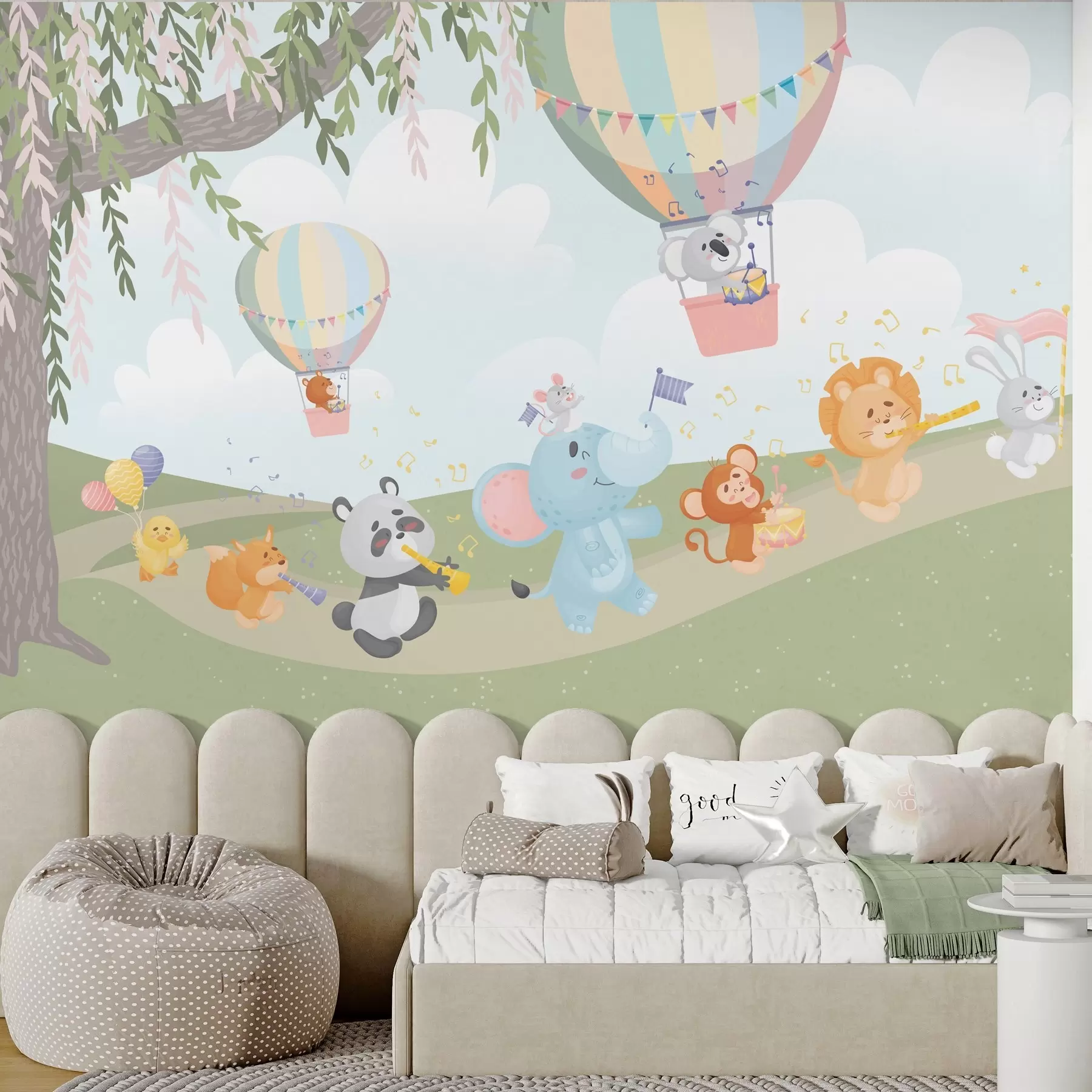 Fotobehang Landschap met dieren die muziekinstrumenten bespelen w04200