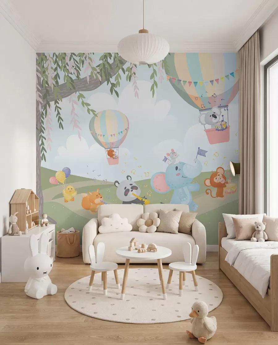 Fotobehang Landschap met dieren die muziekinstrumenten bespelen w04200