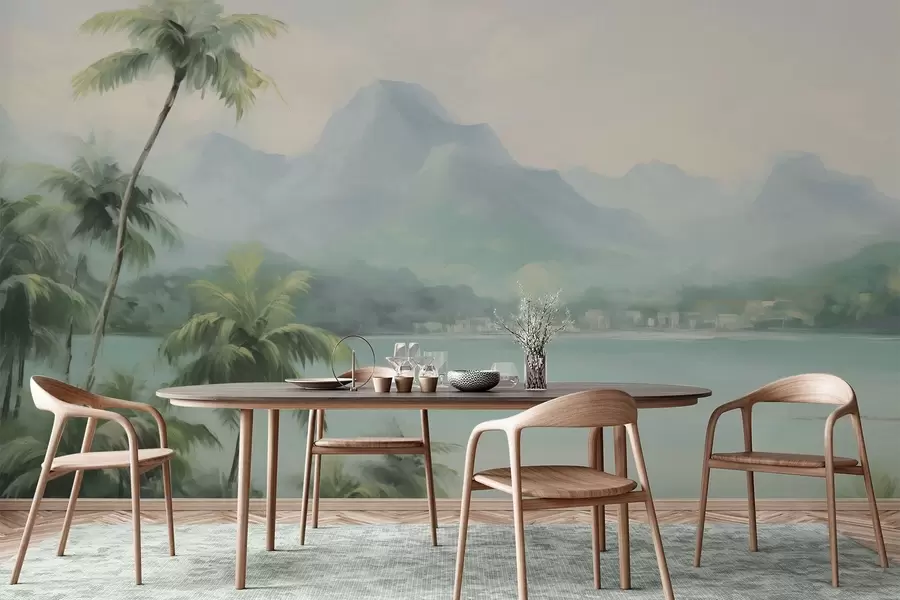 Fotobehang Palmbomen tegen de achtergrond van bergen w04535