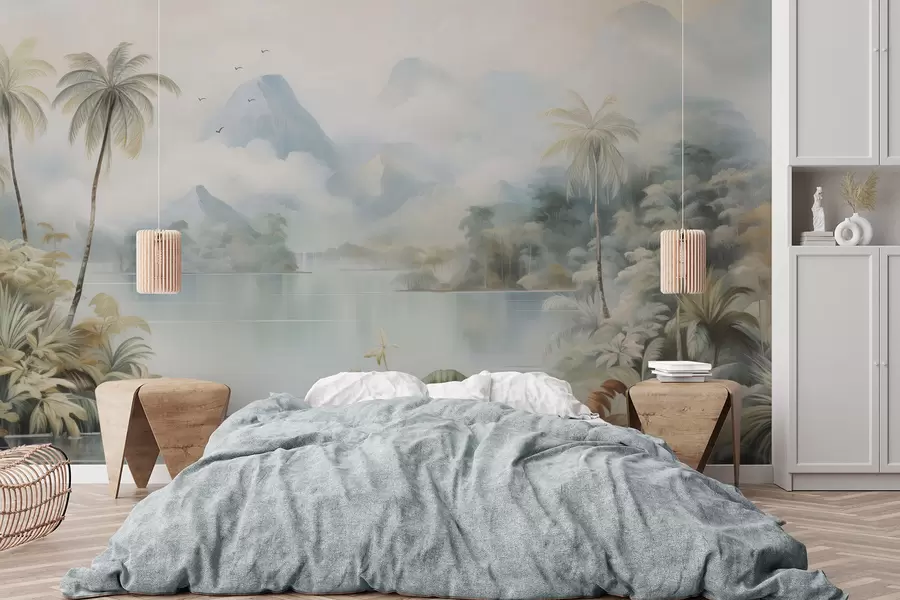 Fotobehang Rivier in de jungle nabij de bergen w04536