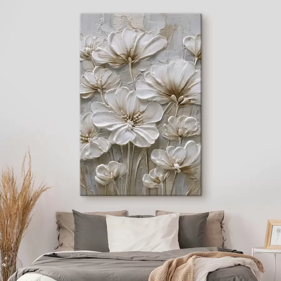  Schilderijen crèmekleurige bloemen in imitatie-impastostijl s45712
