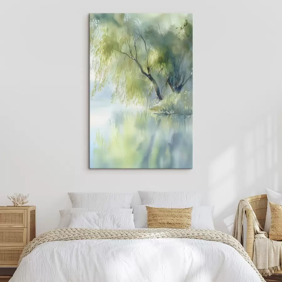  Schilderijen wilgenboom aan de oever van het meer in aquarelstijl s45715