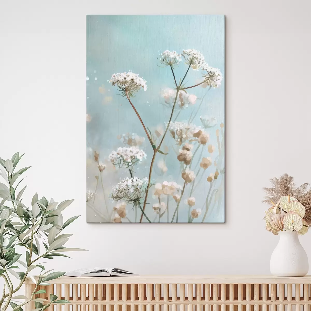 Schilderijen Queen Anne's Lace-bloemen in aquarelstijl op een blauwe achtergrond s45722
