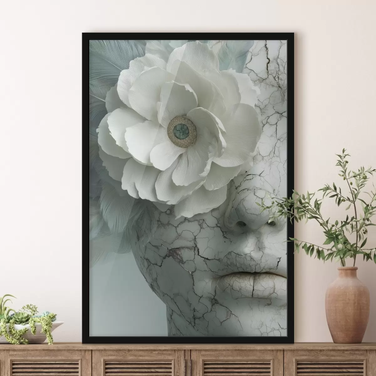 Affiche visage en marbre d'une fille avec une fleur f45709