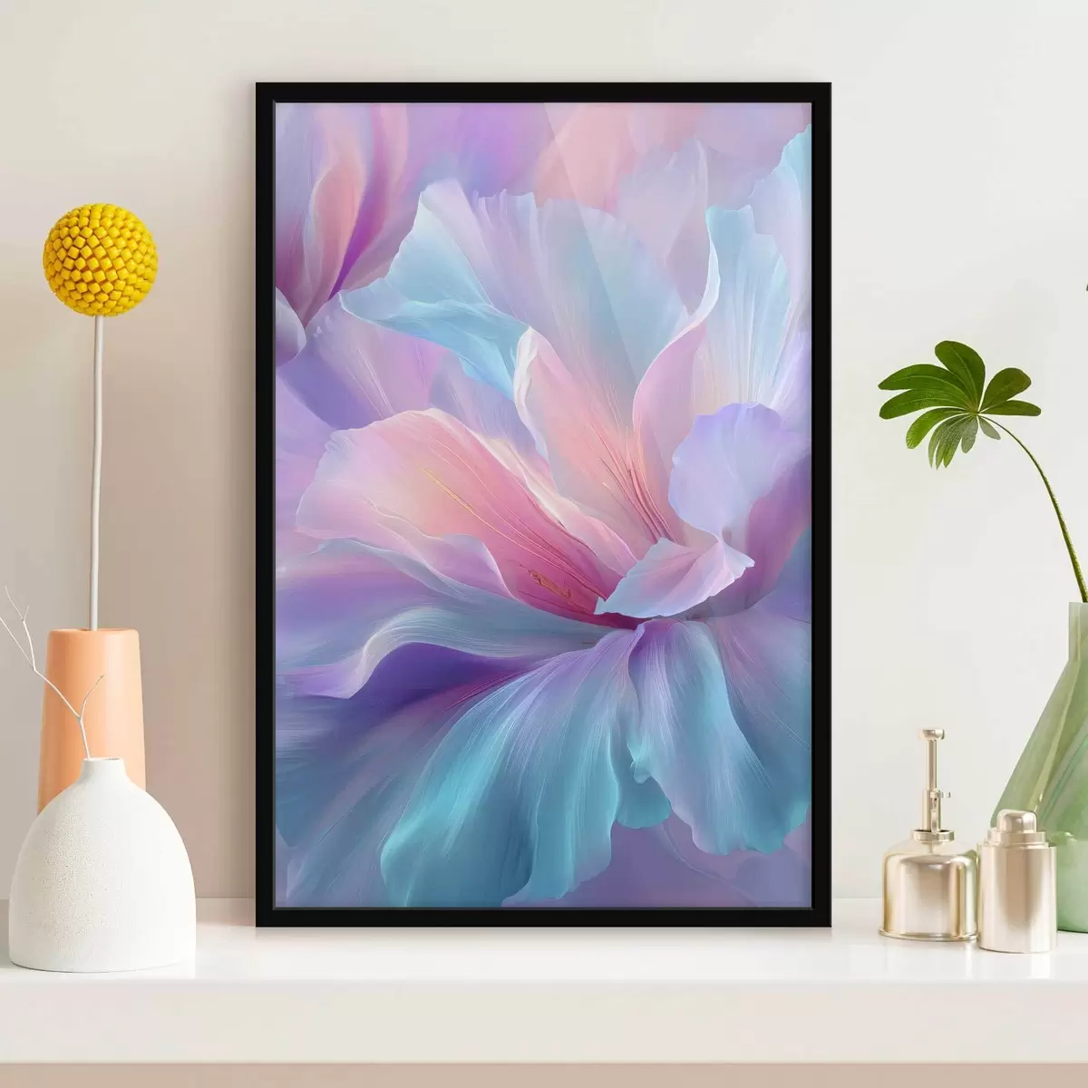 Affiche une fleur fantaisiste délicate aux pétales dans les tons violet, bleu et rose. f45710