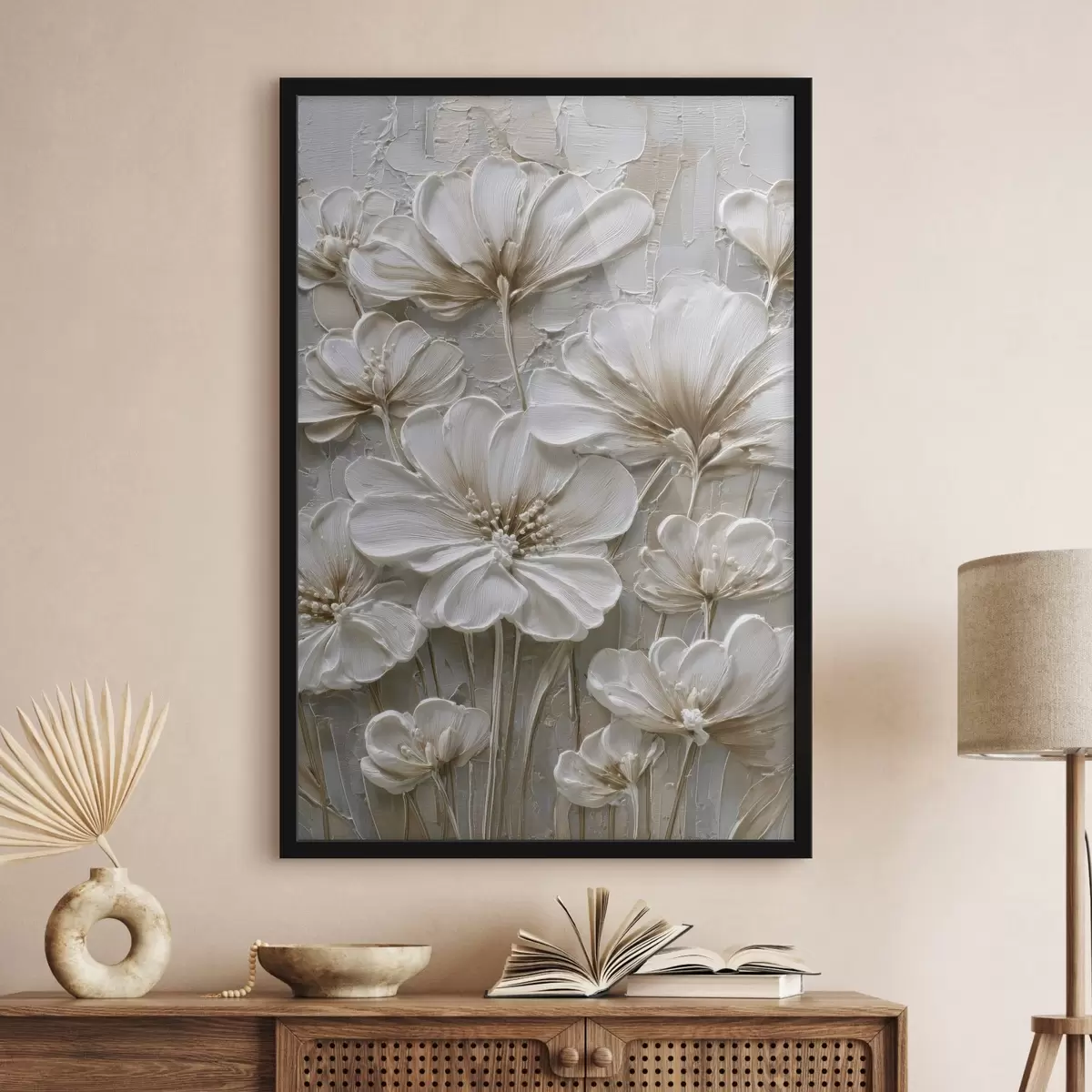 Poster crèmekleurige bloemen in imitatie-impastostijl f45712