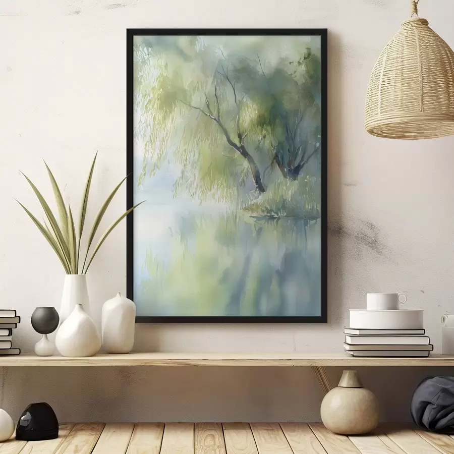 Fotobehang wilgenboom aan de oever van het meer in aquarelstijl f45715